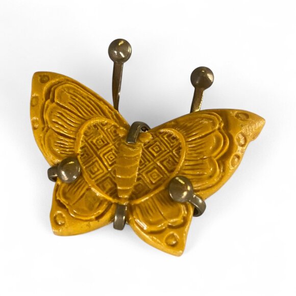VTG Jan Michaels mustard yellow carved butterfly brass adjustable ring 90s USA - Picture 2 of 14